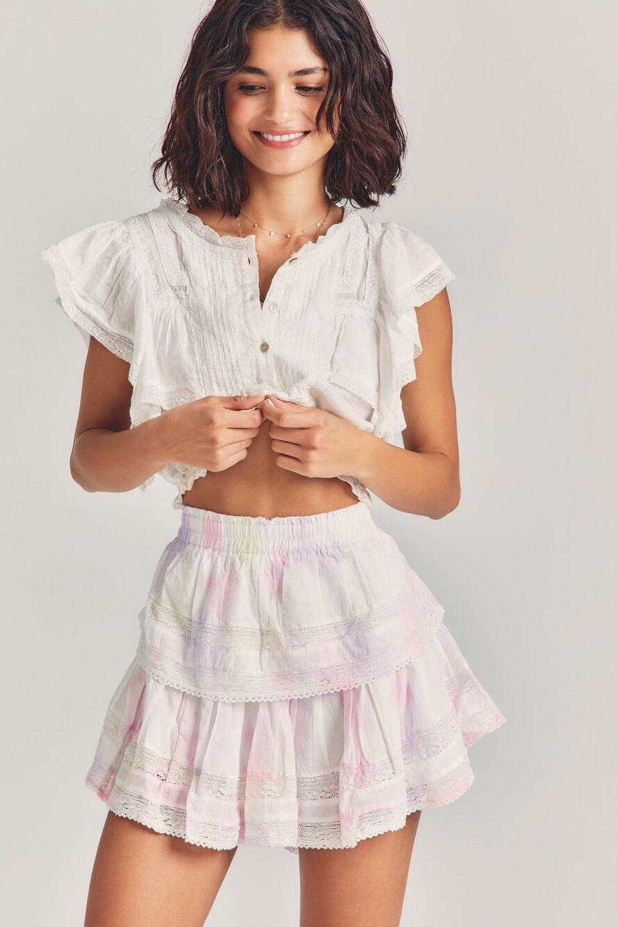 Loveshack Fancy White Tie Dye Mini Ruffle Skirt Preppy 100% Cotton Size XS